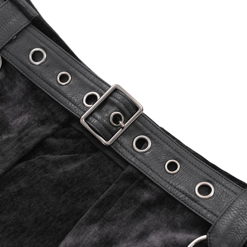 Leather belt hardware close-up showing metal grommets and square buckle detail