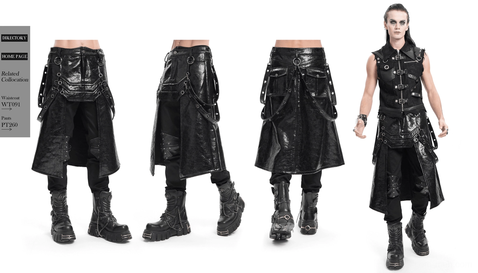 Lifestyle photography of black gothic utility skirt worn with alternative fashion ensemble and boots