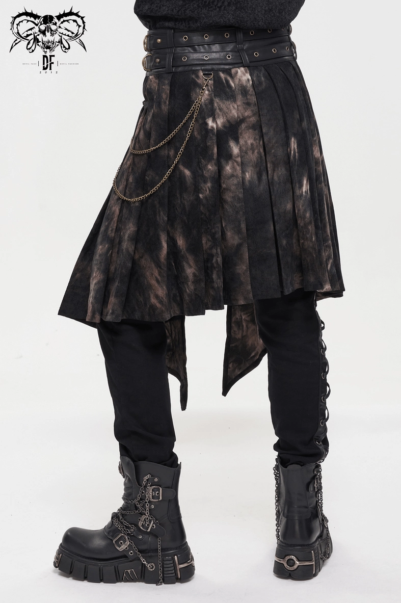 Alternative fashion styling - gothic men's half skirt paired with black tactical wear and platform boots