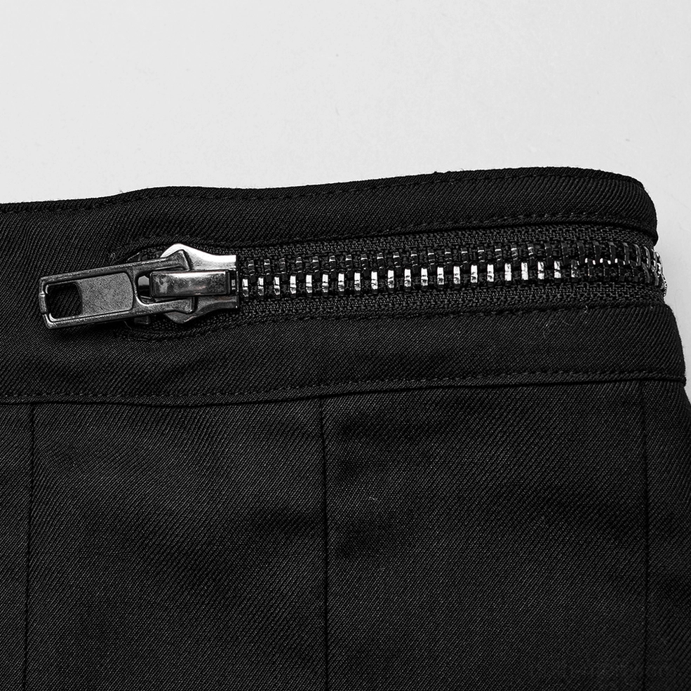 Close-up detail of black gothic skirt metal zipper and twill textile weave showing hardware and fabric quality