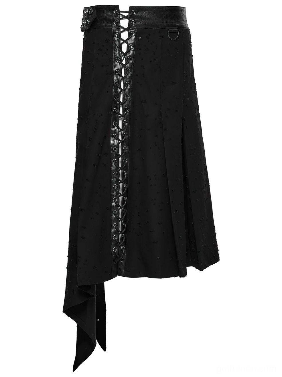 Black gothic skirt side flat lay showing lace-up front closure and distressed denim fabric