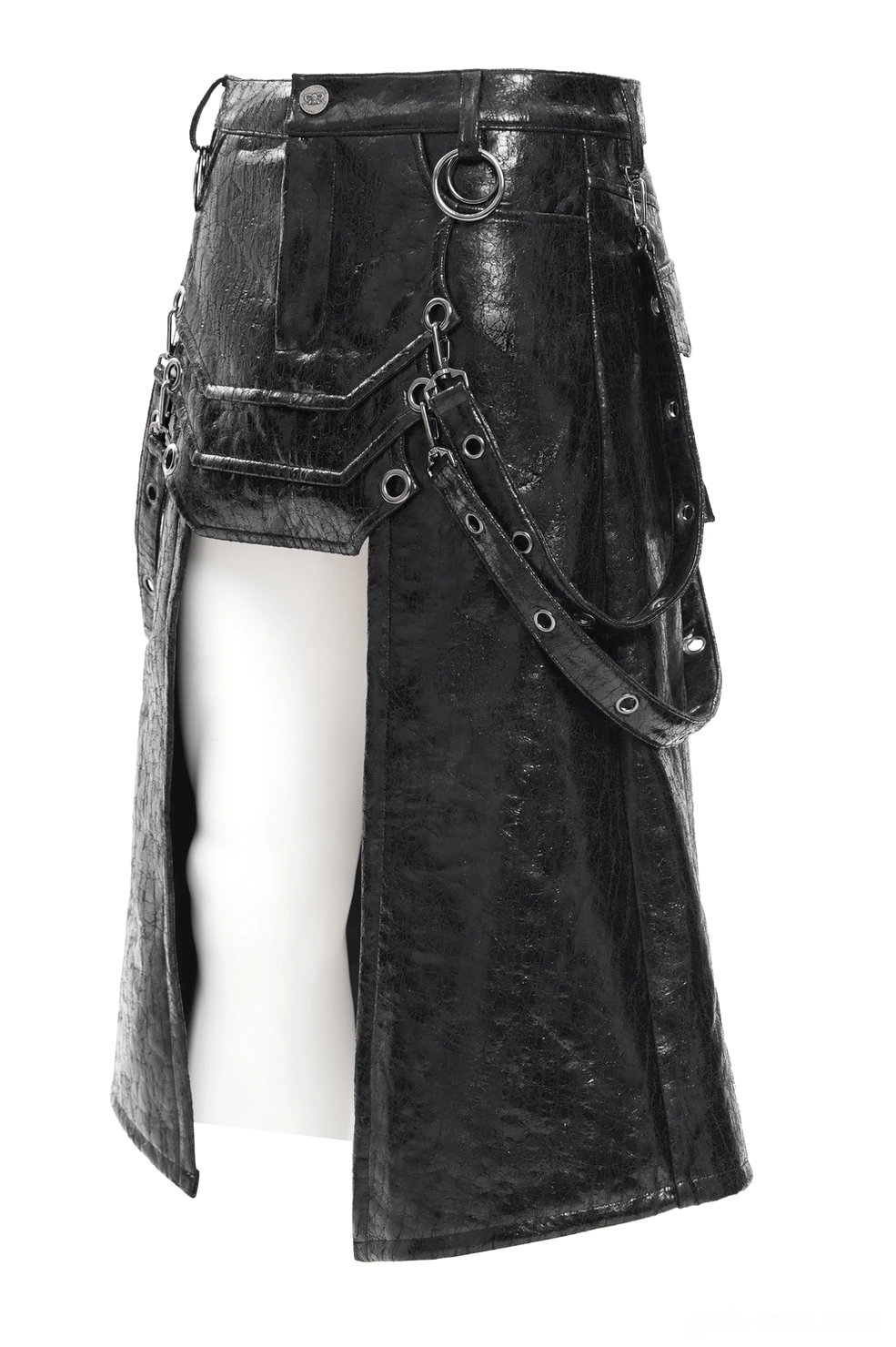 Side view of black gothic utility skirt highlighting high-waist design and O-ring side accents