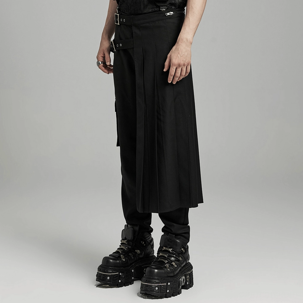 Black asymmetrical pleated gothic skirt side three-quarter view on male model highlighting side cargo pocket and silhouette