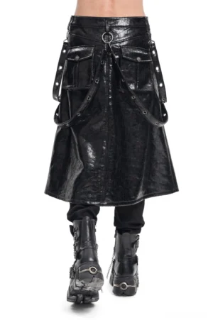 Three-quarter angle view of black cracked leather gothic skirt showing O-ring hardware and glossy finish