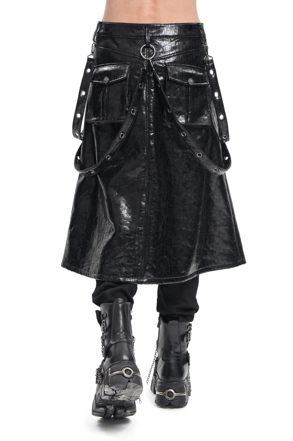 Three-quarter angle view of black cracked leather gothic skirt showing O-ring hardware and glossy finish