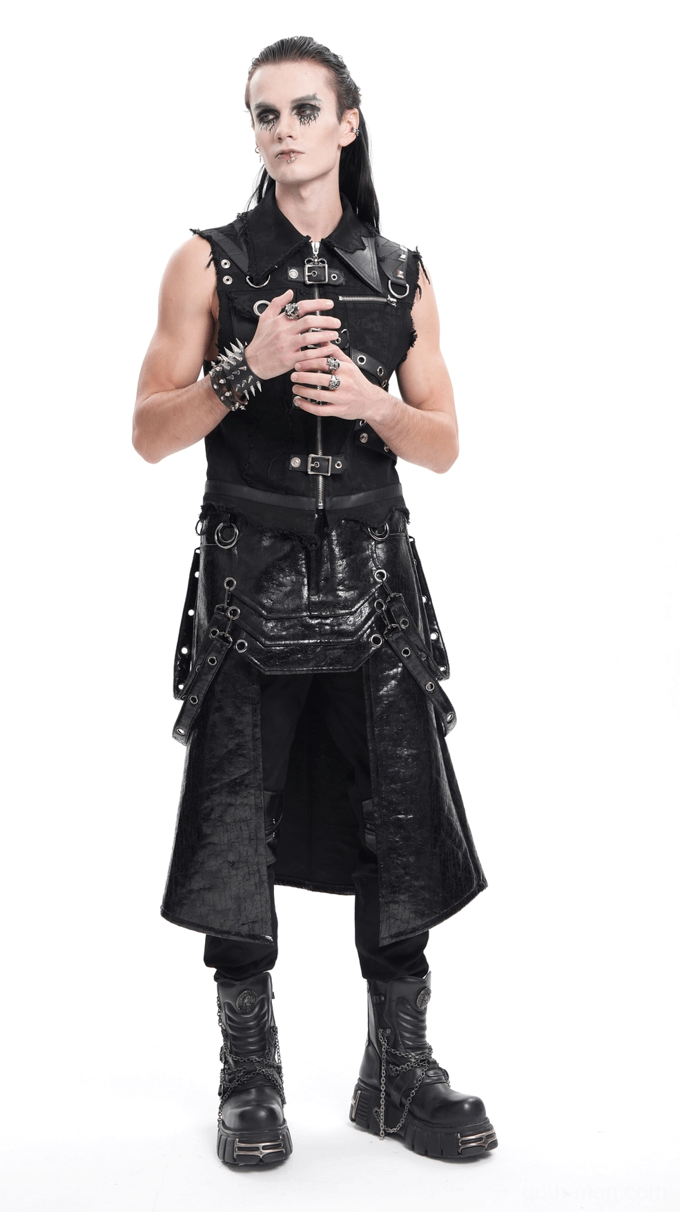 Detail view of black gothic skirt waistband, buckle construction, and utility strap attachment points