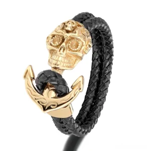 Gold-toned gothic skull anchor leather bracelet for men with stainless steel lock and black woven band