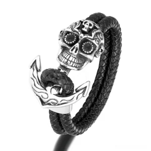 Silver-tone gothic skull anchor leather bracelet for men featuring vintage metal finish and engraved skull details