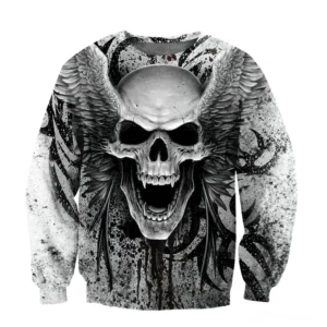 Memento mori gothic skull with angel wings gray men's sweatshirt, distressed tribal pattern design, crew neck hoodie, dark aesthetic streetwear