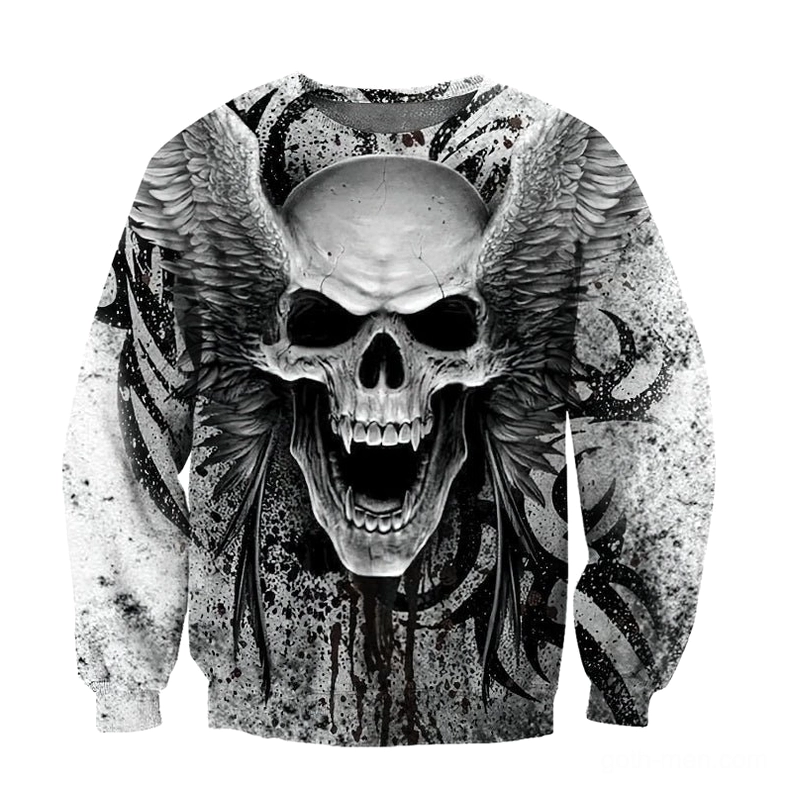 Memento mori gothic skull with angel wings gray men's sweatshirt, distressed tribal pattern design, crew neck hoodie, dark aesthetic streetwear