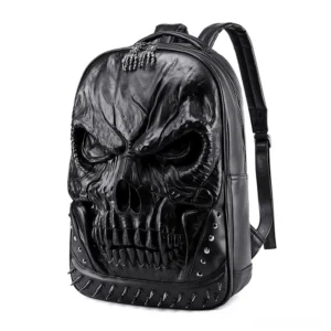 Black gothic skull embossed PU leather backpack with spike rivets and fierce 3D skull motif - front flat view