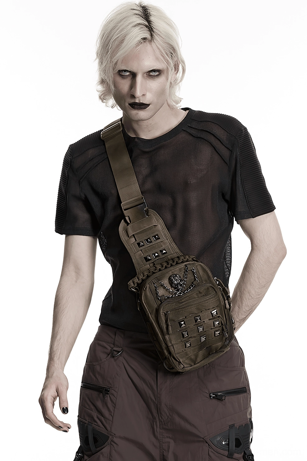 Dark brown coffee colored gothic skull crossbody backpack with spray-painted tactical texture finish