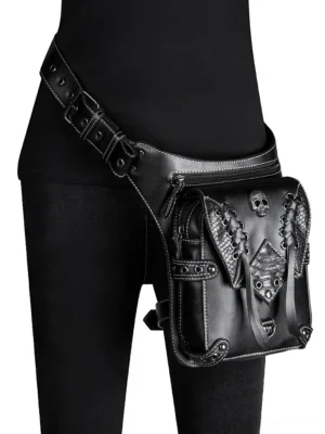 Skull leather waist bag worn on model showing secure fit on hip and upper thigh with adjustable straps