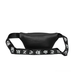 Black gothic waist bag with adjustable crossbody strap featuring gothic lettering - side view showing rivet detailing