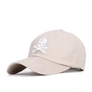 Beige gothic skull embroidered baseball cap side view - alternative unisex cotton hat with white skull motif