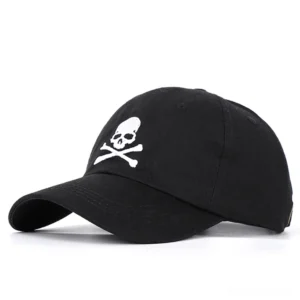 Black gothic skull embroidered baseball cap front view - unisex cotton cap with white crossbones design