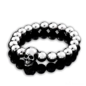 Memento mori skull bead link bracelet stainless steel gothic jewelry flat lay white background polished silver chain
