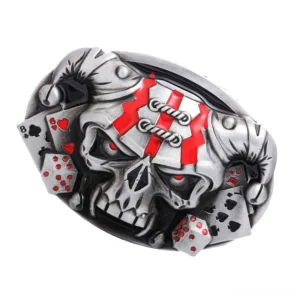Horned skull cowboy gothic belt buckle three-quarter angle view red enamel stripes alternative fashion