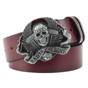 Gothic skull leather belt with metal buckle - wine red genuine cow leather unisex waist strap front view