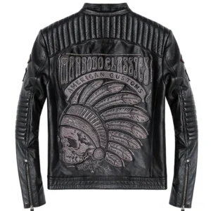 Black genuine leather gothic motorcycle jacket with Indian skull embroidery back view overhead detail