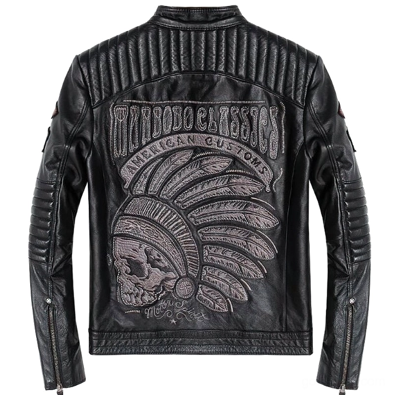 Black genuine leather gothic motorcycle jacket with Indian skull embroidery back view overhead detail
