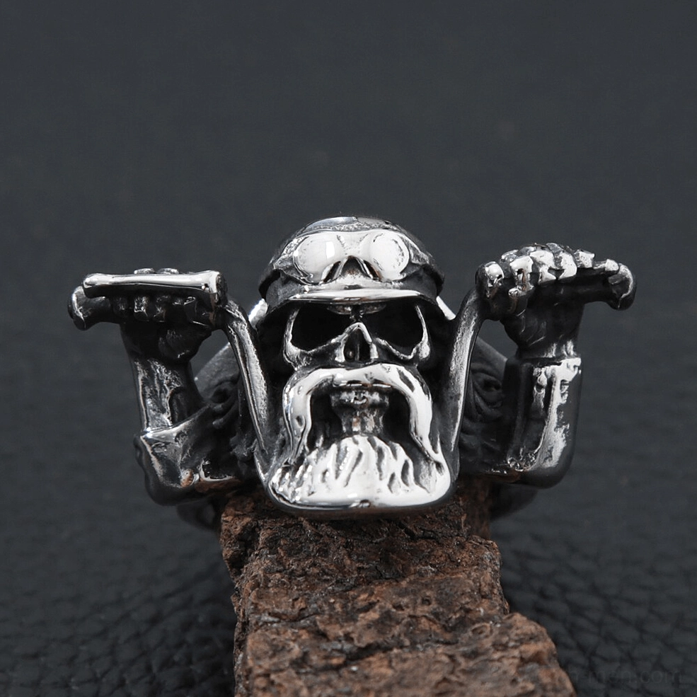 Full front view bearded skull gothic biker ring stainless steel intricate carving