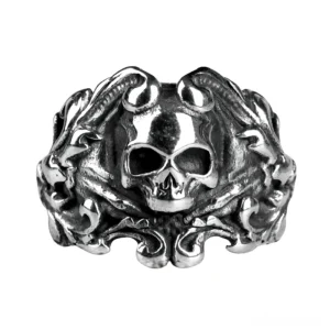 Gothic skull biker ring stainless steel embossed design front view polished silver scroll ornament