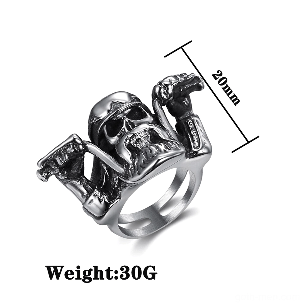 Gothic skull motorcycle ring 20mm wide stainless steel side angle view vintage texture