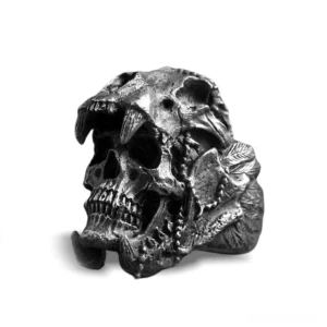 Stainless steel gothic skull biker ring with saber-tooth fangs and totem carvings, oblique angle view on white background