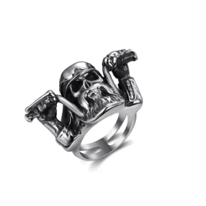 Gothic skull motorcycle biker ring stainless steel top view with carved bearded skull design