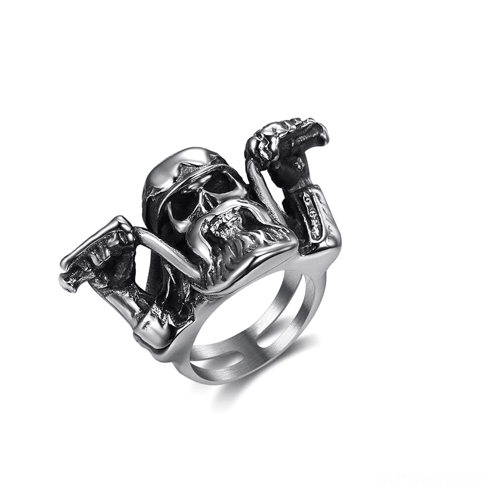 Gothic skull motorcycle biker ring stainless steel top view with carved bearded skull design