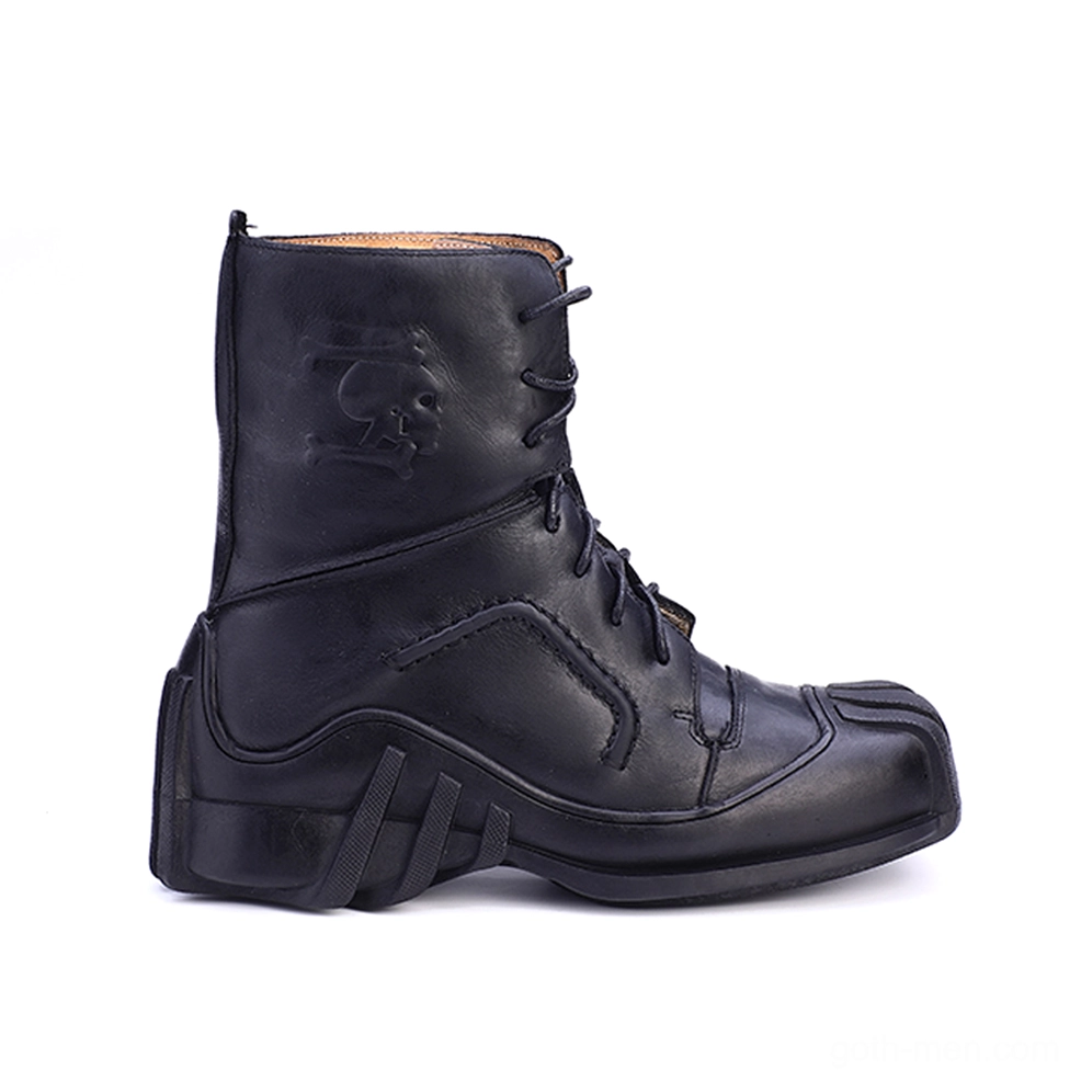 Single black leather gothic ankle boot right profile showing lace-up closure and skull emboss
