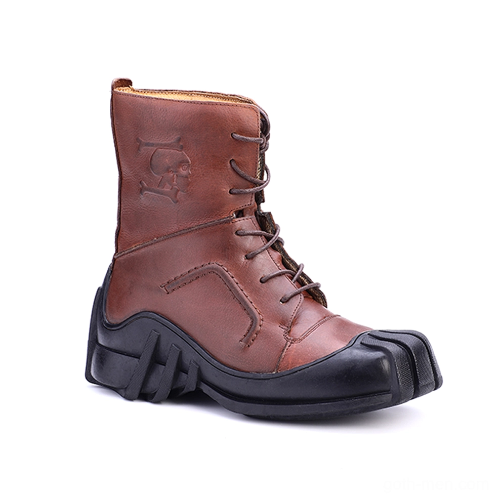 Single brown leather ankle boot with black toe cap and lace-up closure from right side profile