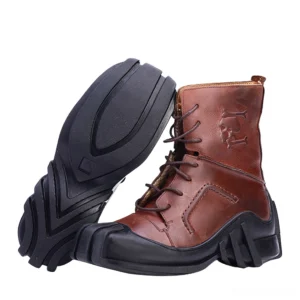 Brown genuine leather gothic skull lace-up biker boots side view showing embossed skull logo and thick rubber sole