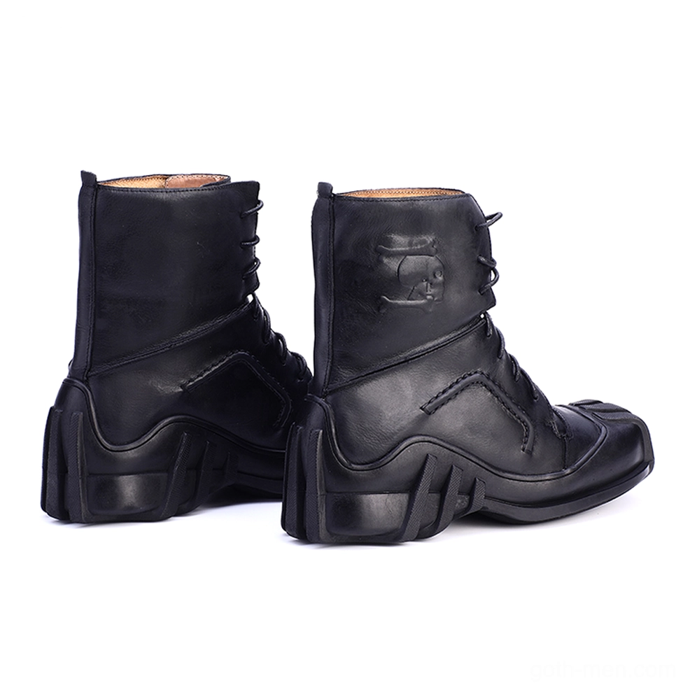 Gothic skull leather boots size chart and style guide detail shot