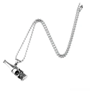 Unisex gothic skull bottle pendant necklace with beaded chain flat lay on white background