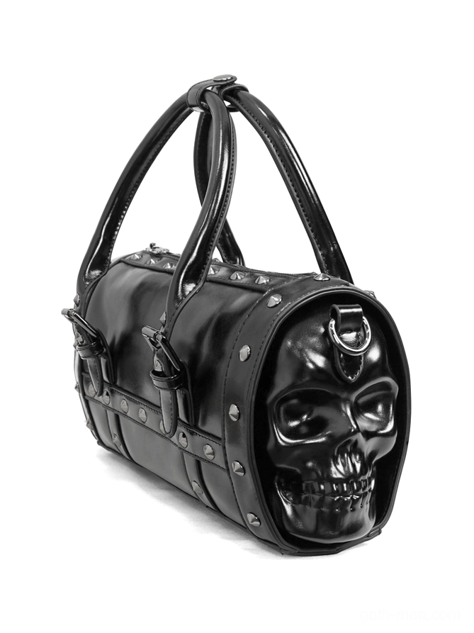 Black gothic skull bowling bag with metal rivets, side-front view showing 3D skull design and dual top handles