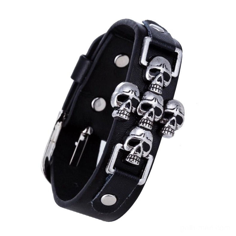 Punk gothic skull leather bracelet with adjustable holes and leather buckle clasp detail view