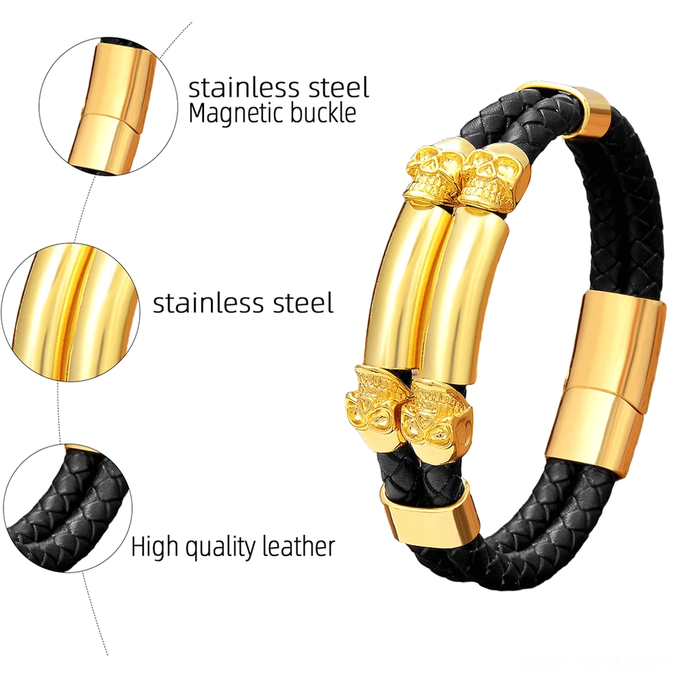 Detailed close-up of gothic skull bracelet showing magnetic buckle, stainless steel construction, and braided leather detail
