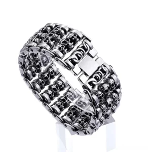 Gothic skull chain bracelet side angle showing hollow carved skull structure and inner chain links