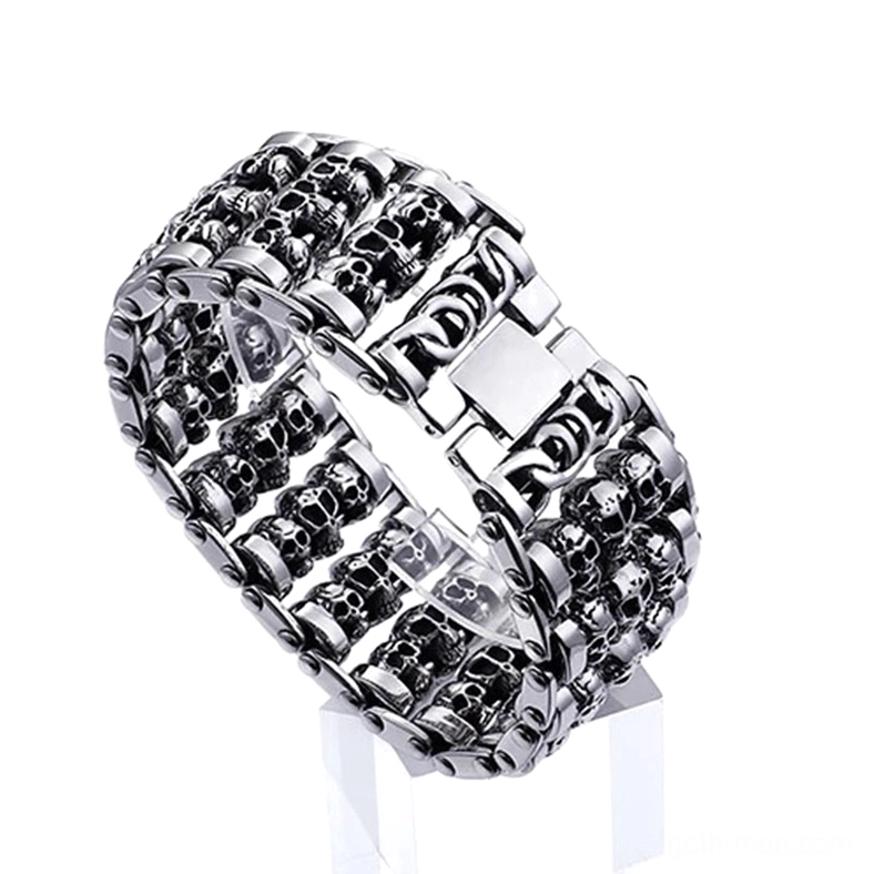 Gothic skull chain bracelet side angle showing hollow carved skull structure and inner chain links