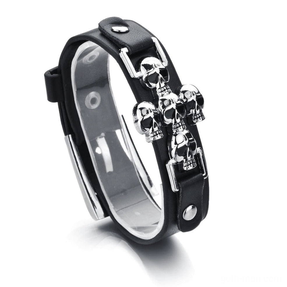 Skull leather gothic bracelet with adjustable studs and silver metal skull decoration on black leather strap