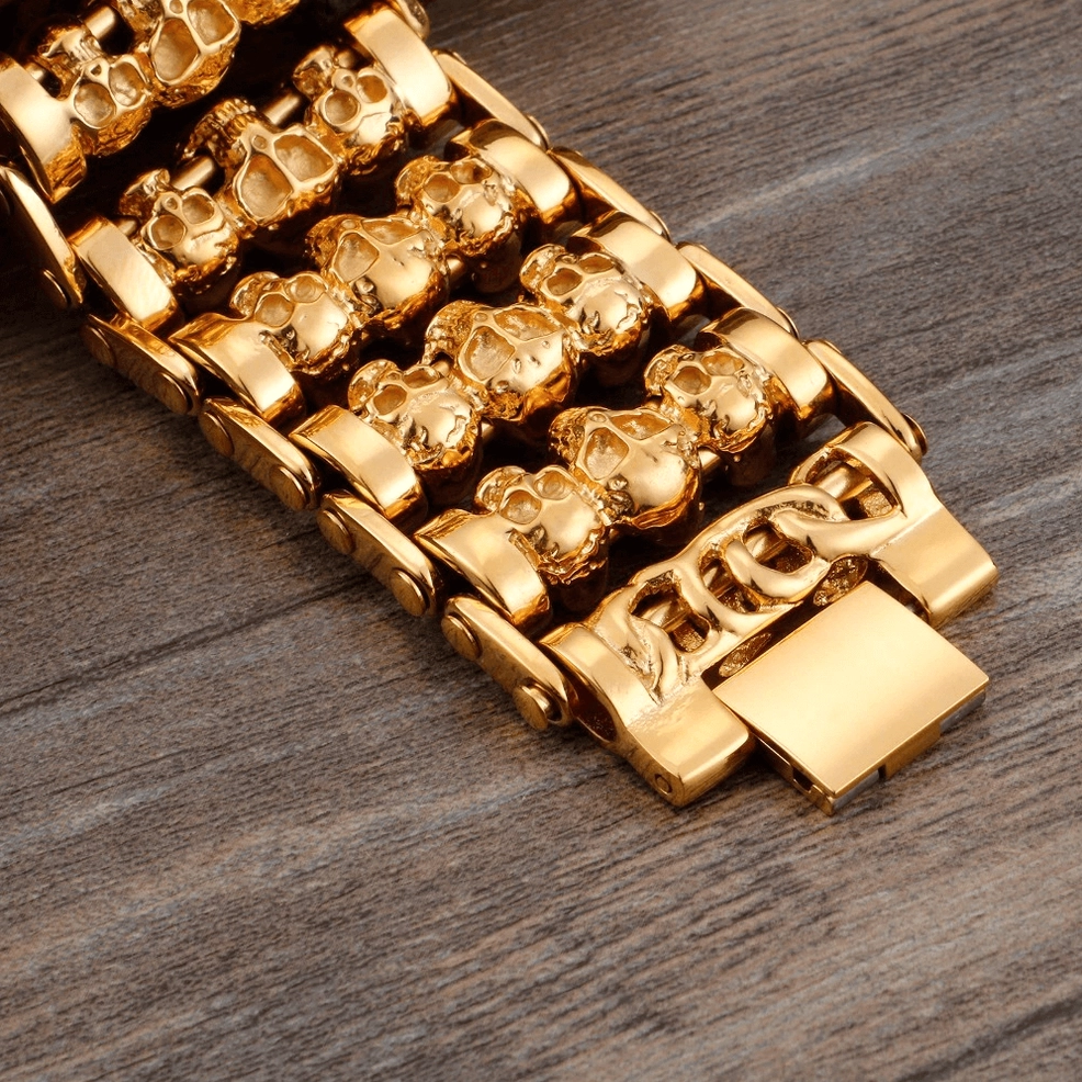 Gothic skull chain bracelet for men in silver and gold variants showing versatile color options