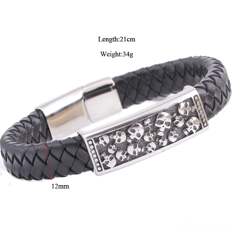 Standard size 21cm black leather gothic skull bracelet with 12mm width, product specifications display