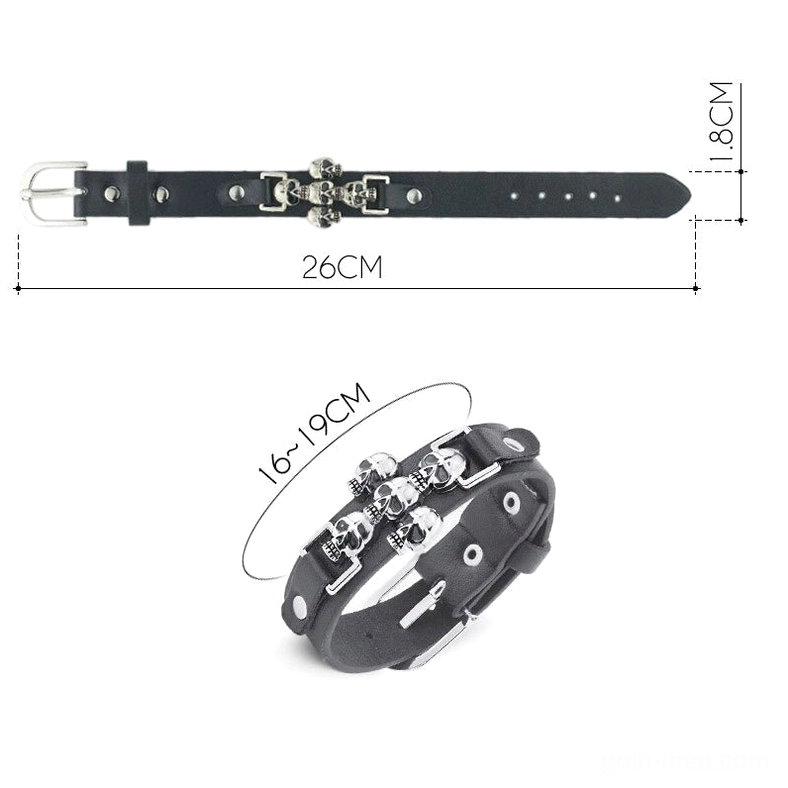 Skull leather gothic bracelet dimensions and specifications showing 26cm total length, 1.8cm width, 16-19cm wrist fit