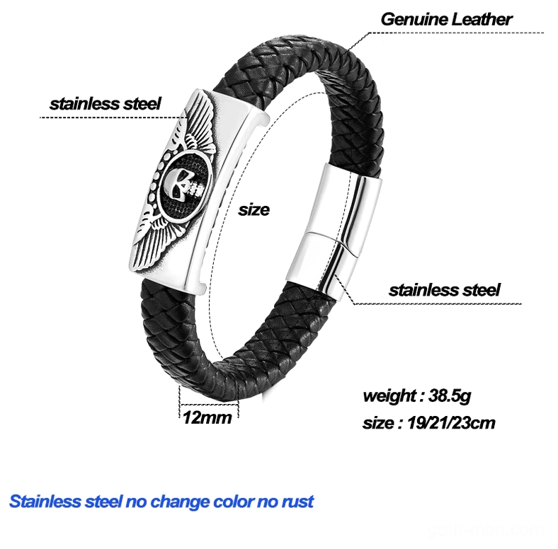 Technical specifications display of winged skull gothic bracelet showing dimensions 1.2cm width, sizing 19-23cm, 38.5g weight