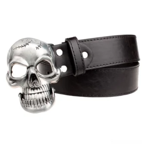 Memento mori skull buckle belt side profile view, black leather strap with silver metal skull closure