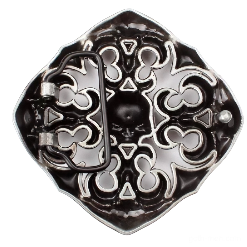 Hand-carved silver skull buckle hardware with enamel detail for gothic leather belt back view