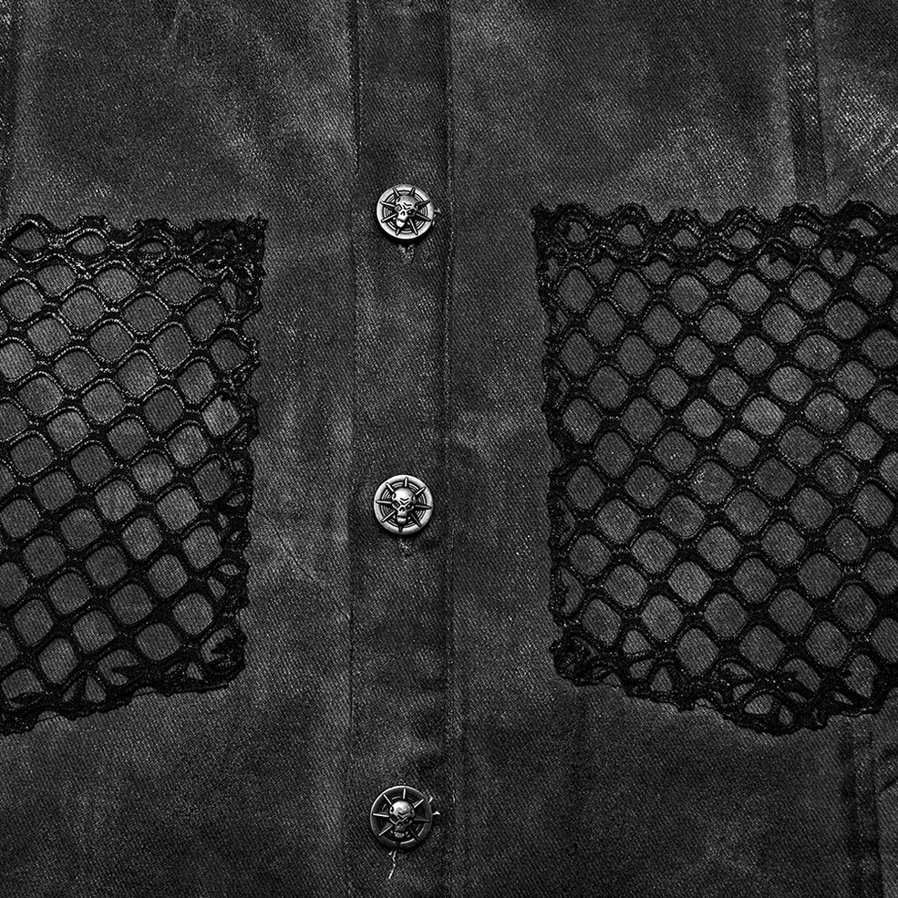 Gothic tank shirt detail showing embossed skull metal button, mesh pocket panel, stitched seams, and faded black fabric