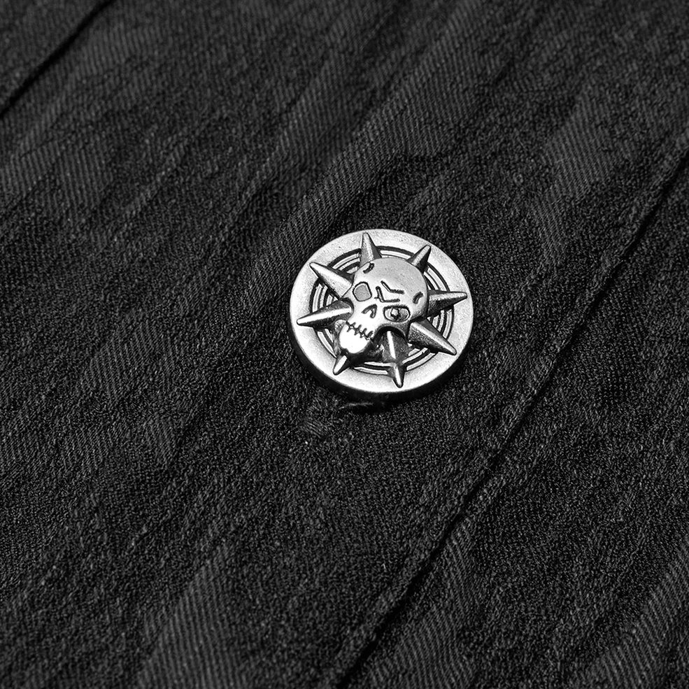 Gothic skull themed shirt button - close-up detail showing silver metal finish with spiked skull design